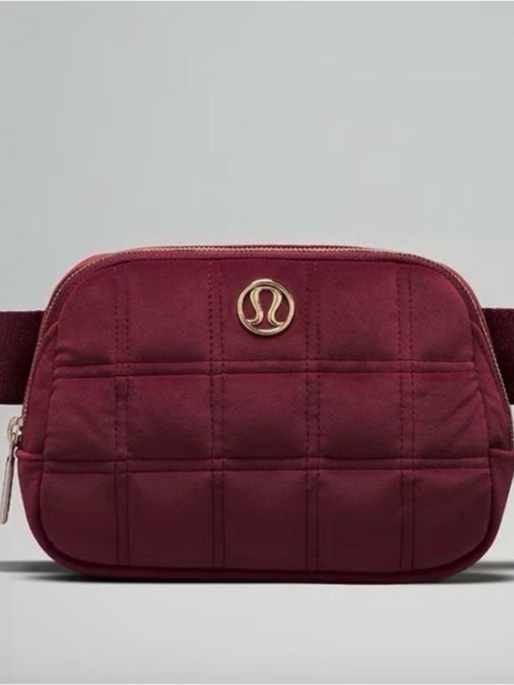Lululemon Limited Edition Velour Quilted Burgundy Belt Bag with Gold Accent